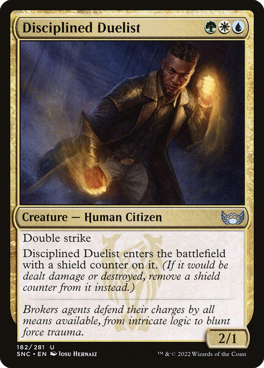 This Is An Image Of The Magic The Gathering Card Disciplined Duelist From The Set Streets of New Capenna - Designed By Artist Josu Hernaiz