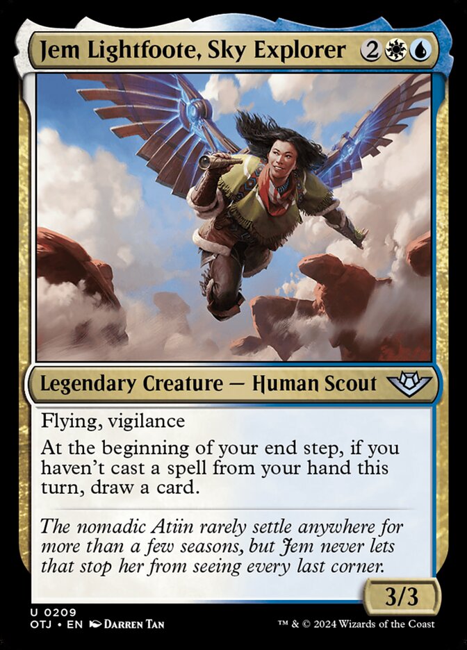 This Is An Image Of The Magic The Gathering Card Jem Lightfoote, Sky Explorer From The Set Outlaws of Thunder Junction - Designed By Artist Darren Tan