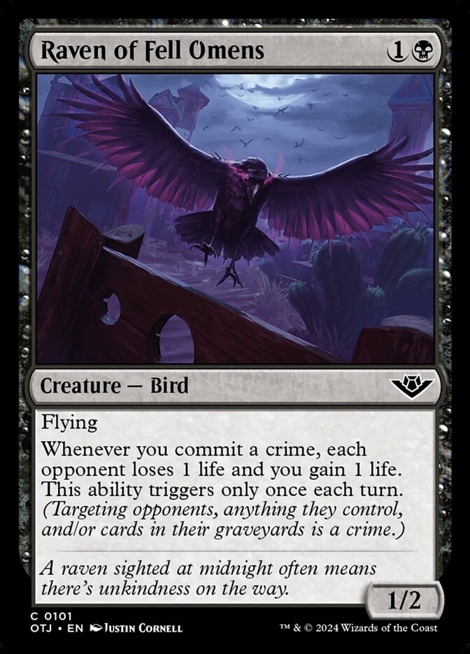 This Is An Image Of The Magic The Gathering Card Raven of Fell Omens From The Set Outlaws of Thunder Junction - Designed By Artist Justin Cornell
