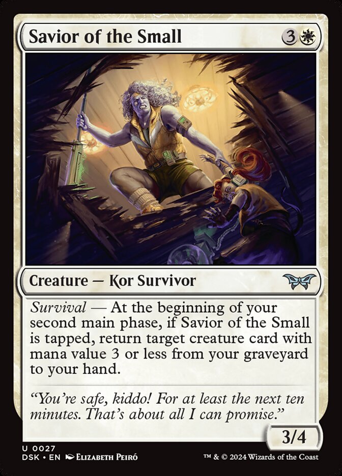 This Is An Image Of The Magic The Gathering Card Savior of the Small From The Set Duskmourn: House of Horror - Designed By Artist Elizabeth Peiró