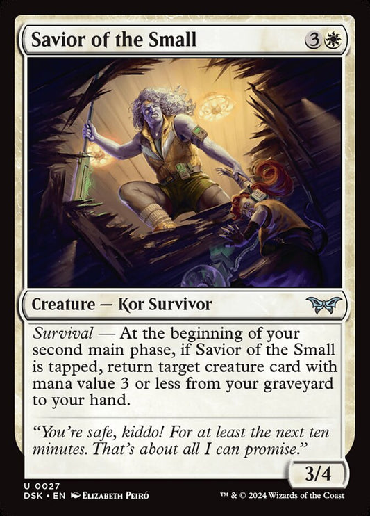 This Is An Image Of The Magic The Gathering Card Savior of the Small From The Set Duskmourn: House of Horror - Designed By Artist Elizabeth Peiró
