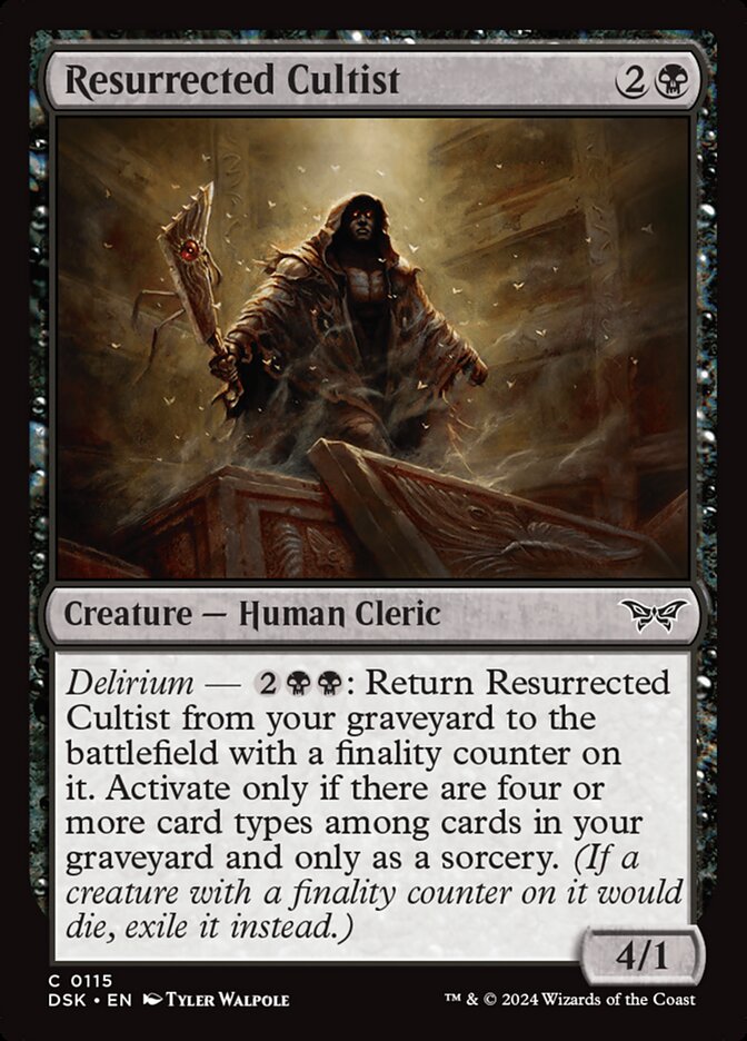 This Is An Image Of The Magic The Gathering Card Resurrected Cultist From The Set Duskmourn: House of Horror - Designed By Artist Tyler Walpole