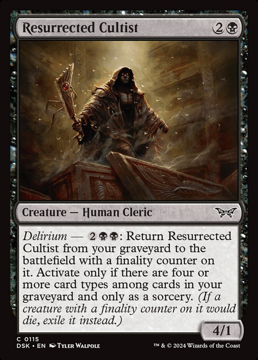 This Is An Image Of The Magic The Gathering Card Resurrected Cultist From The Set Duskmourn: House of Horror - Designed By Artist Tyler Walpole
