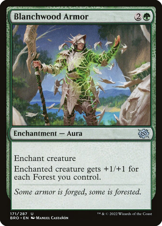 This Is An Image Of The Magic The Gathering Card Blanchwood Armor From The Set Foundations - Designed By Artist Manuel Castañón
