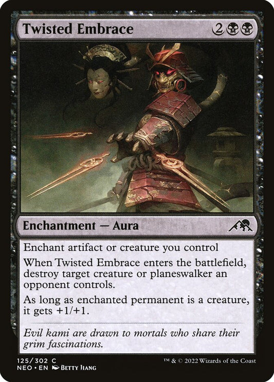 This Is An Image Of The Magic The Gathering Card Twisted Embrace From The Set Kamigawa: Neon Dynasty - Designed By Artist Betty Jiang