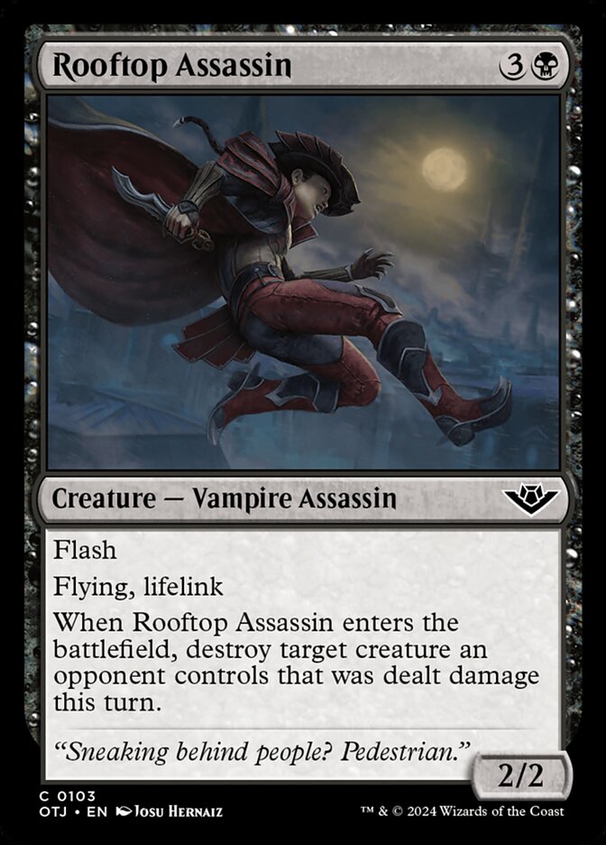 This Is An Image Of The Magic The Gathering Card Rooftop Assassin From The Set Outlaws of Thunder Junction - Designed By Artist Josu Hernaiz
