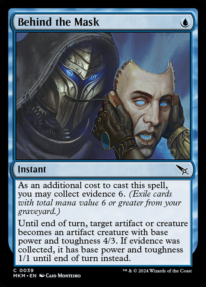 This Is An Image Of The Magic The Gathering Card Behind the Mask From The Set Murders at Karlov Manor - Designed By Artist Caio Monteiro