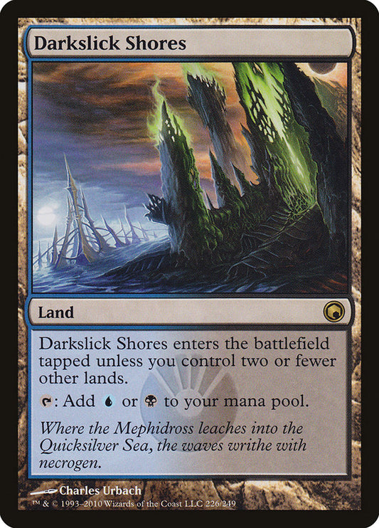 This Is An Image Of The Magic The Gathering Card Darkslick Shores From The Set Outlaws of Thunder Junction Commander - Designed By Artist Aaron Miller