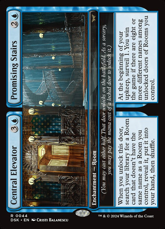 This Is An Image Of The Magic The Gathering Card Central Elevator // Promising Stairs From The Set Duskmourn: House of Horror - Designed By Artist Cristi Balanescu