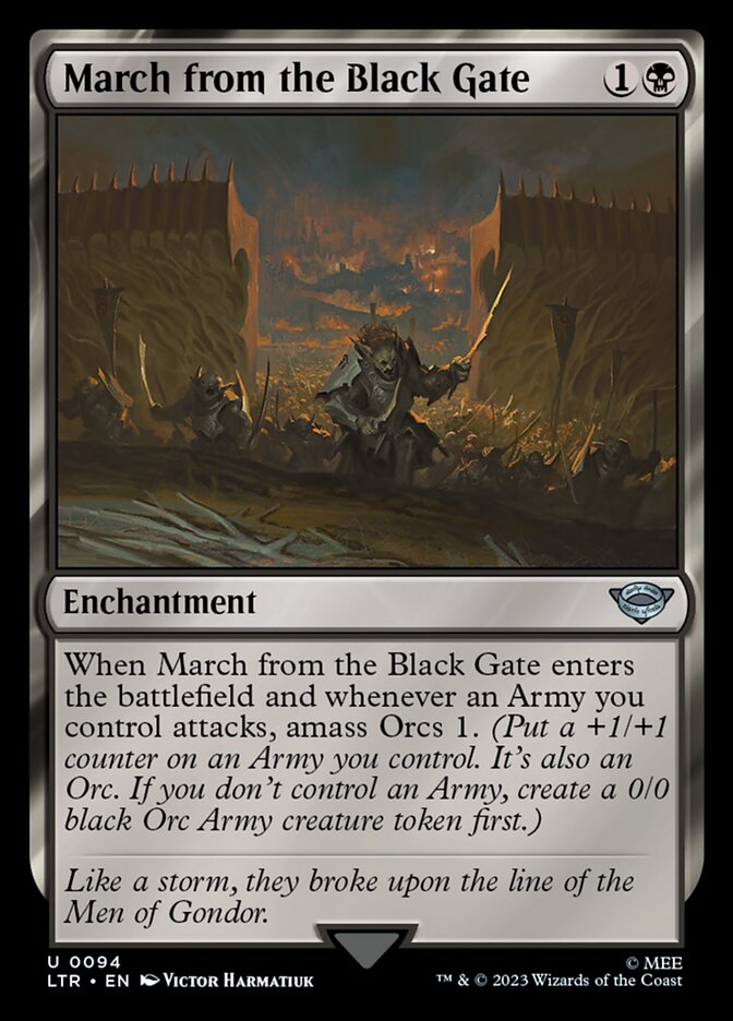 This Is An Image Of The Magic The Gathering Card March from the Black Gate From The Set The Lord of the Rings: Tales of Middle-earth - Designed By Artist Victor Harmatiuk