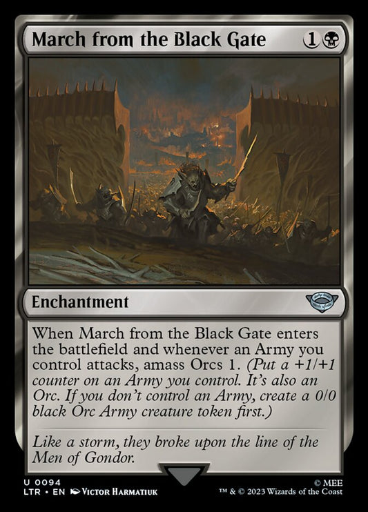 This Is An Image Of The Magic The Gathering Card March from the Black Gate From The Set The Lord of the Rings: Tales of Middle-earth - Designed By Artist Victor Harmatiuk