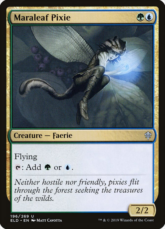 This Is An Image Of The Magic The Gathering Card Maraleaf Pixie From The Set Throne of Eldraine - Designed By Artist Matt Cavotta