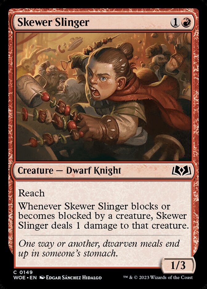 This Is An Image Of The Magic The Gathering Card Skewer Slinger From The Set Wilds of Eldraine - Designed By Artist Edgar Sánchez Hidalgo