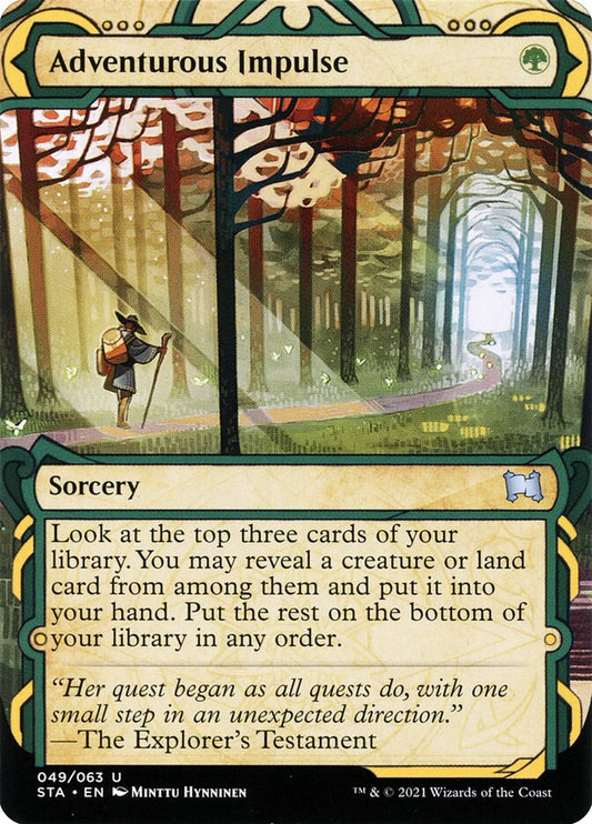 This Is An Image Of The Magic The Gathering Card Adventurous Impulse From The Set Ikoria: Lair of Behemoths - Designed By Artist Victor Adame Minguez
