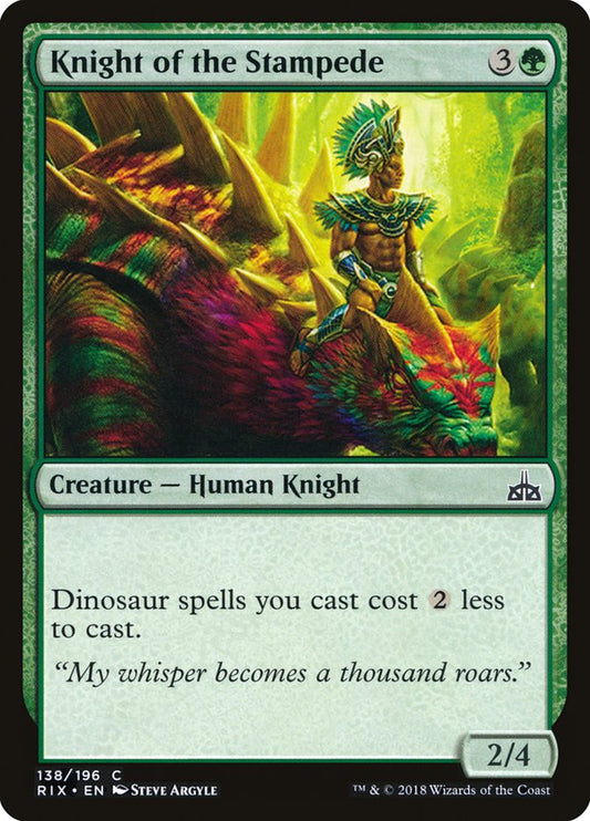 This Is An Image Of The Magic The Gathering Card Knight of the Stampede From The Set Rivals of Ixalan - Designed By Artist Steve Argyle