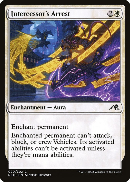 This Is An Image Of The Magic The Gathering Card Intercessor's Arrest From The Set Kamigawa: Neon Dynasty - Designed By Artist Steve Prescott