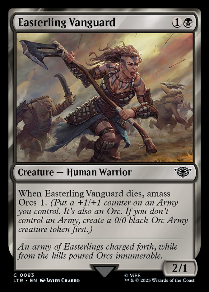 This Is An Image Of The Magic The Gathering Card Easterling Vanguard From The Set The Lord of the Rings: Tales of Middle-earth - Designed By Artist Javier Charro