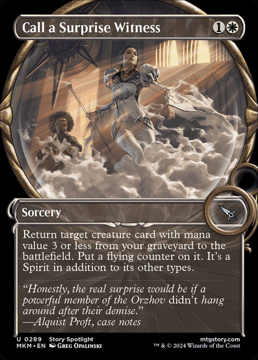 This Is An Image Of The Magic The Gathering Card Call a Surprise Witness From The Set Murders at Karlov Manor - Designed By Artist Julia Metzger