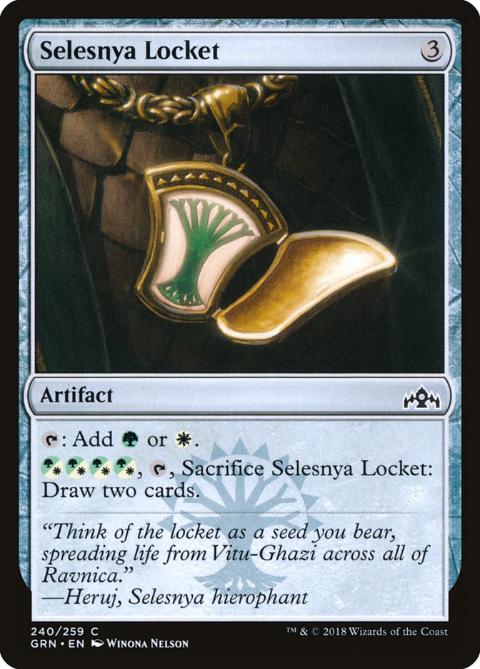 This Is An Image Of The Magic The Gathering Card Selesnya Locket From The Set Guilds of Ravnica - Designed By Artist Winona Nelson