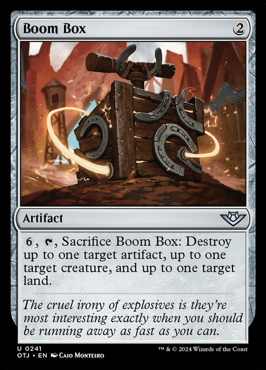 This Is An Image Of The Magic The Gathering Card Boom Box From The Set Outlaws of Thunder Junction - Designed By Artist Caio Monteiro