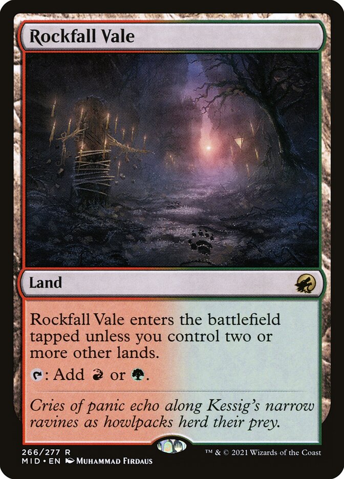 This Is An Image Of The Magic The Gathering Card Rockfall Vale From The Set Tarkir: Dragonstorm Commander - Designed By Artist Muhammad Firdaus