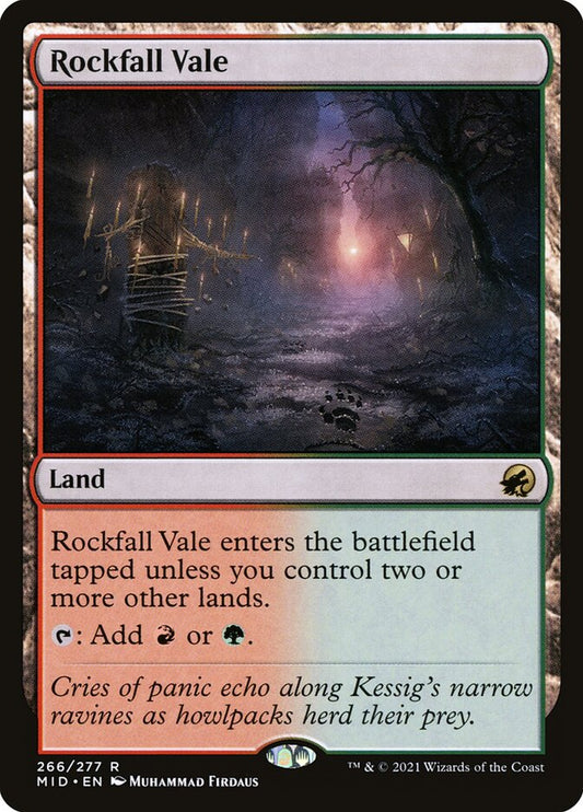 This Is An Image Of The Magic The Gathering Card Rockfall Vale From The Set Tarkir: Dragonstorm Commander - Designed By Artist Muhammad Firdaus
