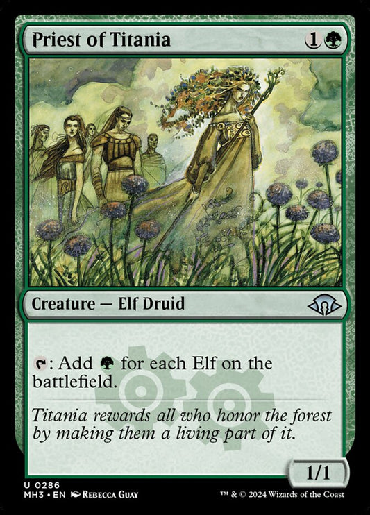 This Is An Image Of The Magic The Gathering Card Priest of Titania From The Set Modern Horizons 3 - Designed By Artist Rebecca Guay