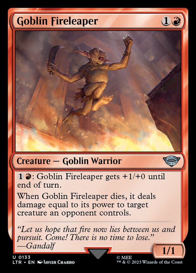 This Is An Image Of The Magic The Gathering Card Goblin Fireleaper From The Set The Lord of the Rings: Tales of Middle-earth - Designed By Artist Javier Charro
