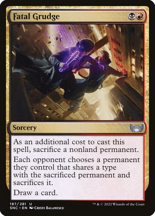 This Is An Image Of The Magic The Gathering Card Fatal Grudge From The Set Streets of New Capenna - Designed By Artist Cristi Balanescu