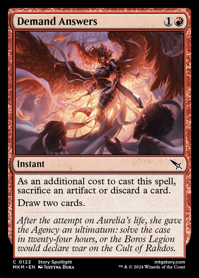 This Is An Image Of The Magic The Gathering Card Demand Answers From The Set Murders at Karlov Manor - Designed By Artist Justyna Dura
