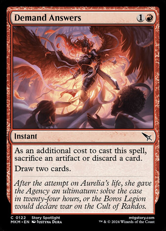 This Is An Image Of The Magic The Gathering Card Demand Answers From The Set Murders at Karlov Manor - Designed By Artist Justyna Dura