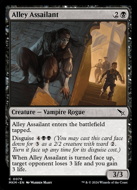 This Is An Image Of The Magic The Gathering Card Alley Assailant From The Set Murders at Karlov Manor - Designed By Artist Warren Mahy