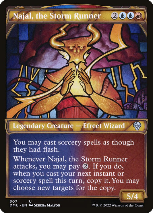 This Is An Image Of The Magic The Gathering Card Najal, the Storm Runner From The Set Dominaria United - Designed By Artist PINDURSKI