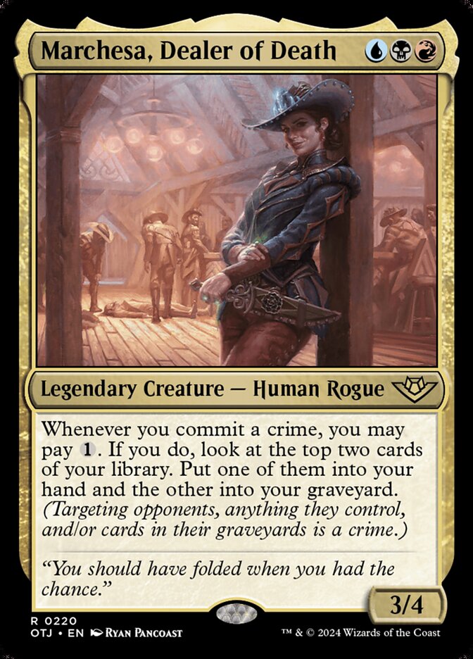 This Is An Image Of The Magic The Gathering Card Marchesa, Dealer of Death From The Set Outlaws of Thunder Junction - Designed By Artist Ryan Pancoast