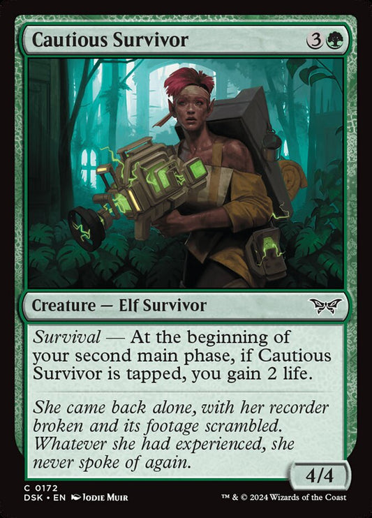 This Is An Image Of The Magic The Gathering Card Cautious Survivor From The Set Duskmourn: House of Horror - Designed By Artist Jodie Muir
