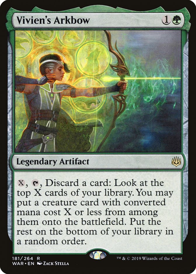This Is An Image Of The Magic The Gathering Card Vivien's Arkbow From The Set War of the Spark - Designed By Artist Zack Stella