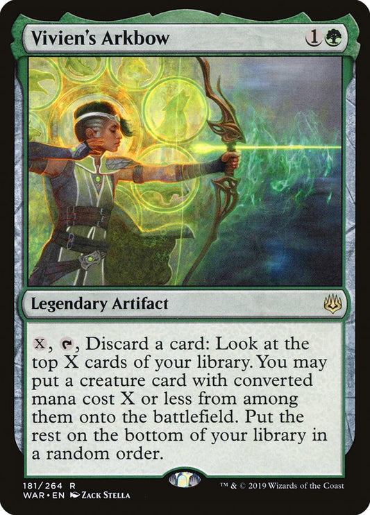 This Is An Image Of The Magic The Gathering Card Vivien's Arkbow From The Set War of the Spark - Designed By Artist Zack Stella