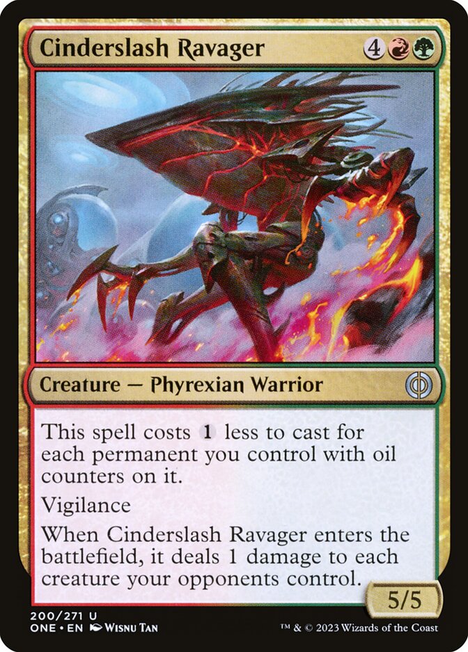 This Is An Image Of The Magic The Gathering Card Cinderslash Ravager From The Set Phyrexia: All Will Be One - Designed By Artist Wisnu Tan