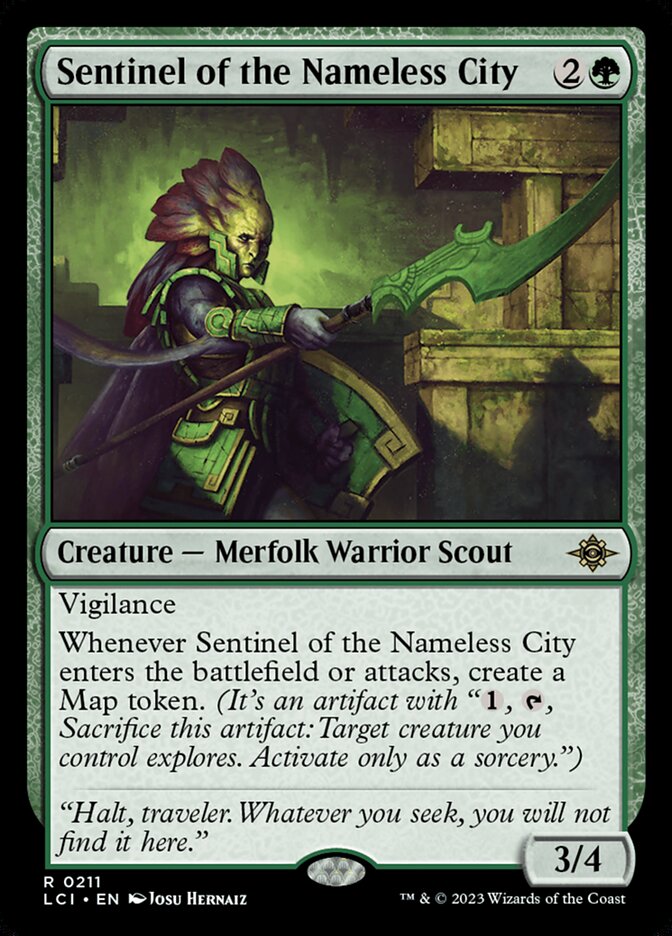 This Is An Image Of The Magic The Gathering Card Sentinel of the Nameless City From The Set The Lost Caverns of Ixalan - Designed By Artist Josu Hernaiz