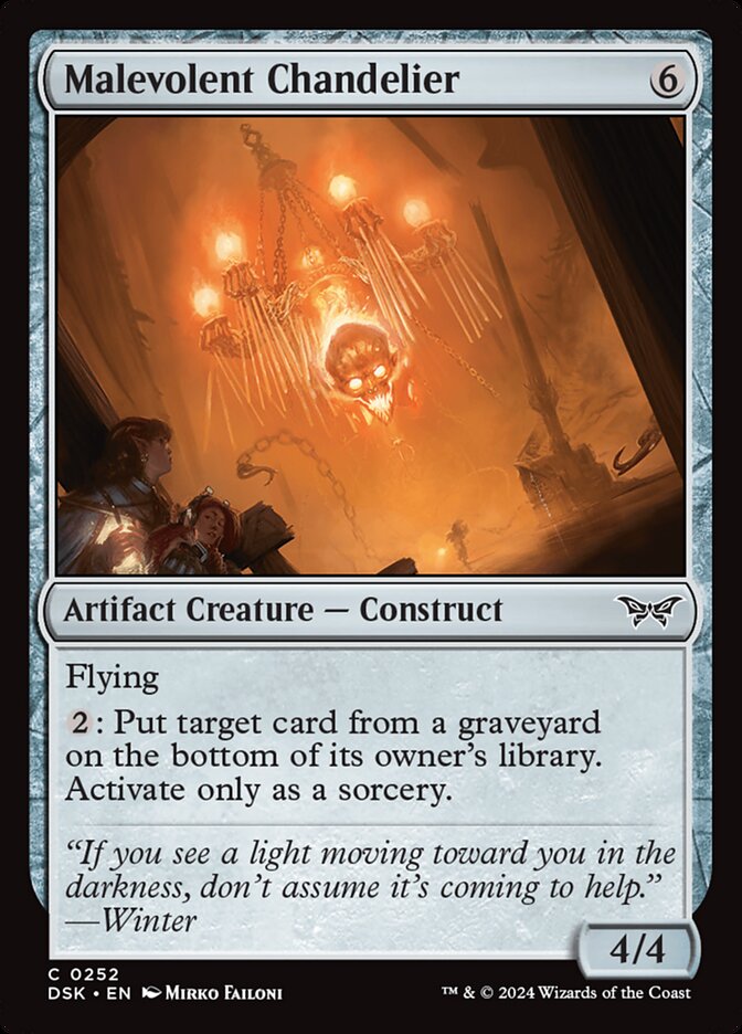 This Is An Image Of The Magic The Gathering Card Malevolent Chandelier From The Set Duskmourn: House of Horror - Designed By Artist Mirko Failoni
