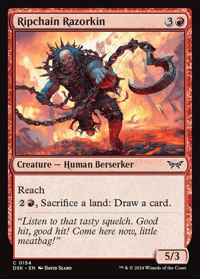 This Is An Image Of The Magic The Gathering Card Ripchain Razorkin From The Set Duskmourn: House of Horror - Designed By Artist David Szabo