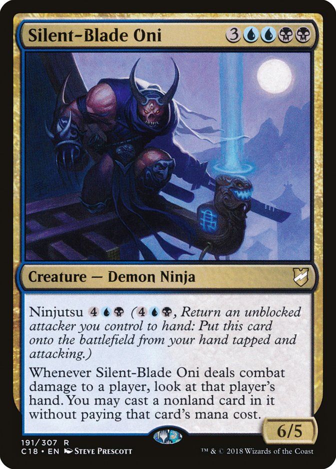 This Is An Image Of The Magic The Gathering Card Silent-Blade Oni From The Set Outlaws of Thunder Junction Commander - Designed By Artist Steve Prescott
