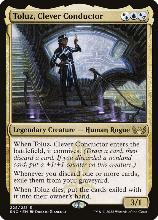 This Is An Image Of The Magic The Gathering Card Toluz, Clever Conductor From The Set Streets of New Capenna - Designed By Artist Donato Giancola