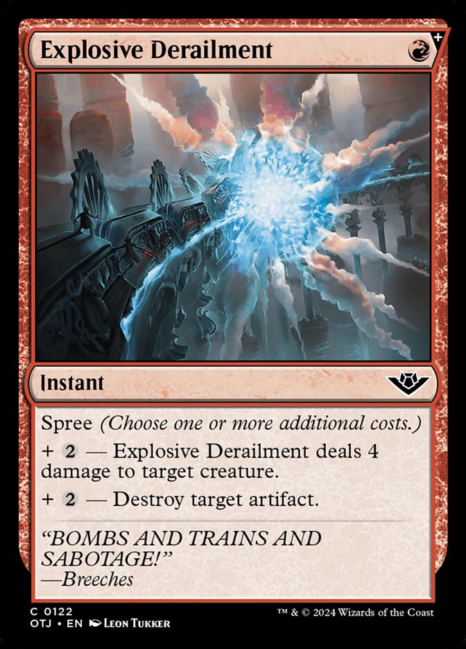 This Is An Image Of The Magic The Gathering Card Explosive Derailment From The Set Outlaws of Thunder Junction - Designed By Artist Leon Tukker
