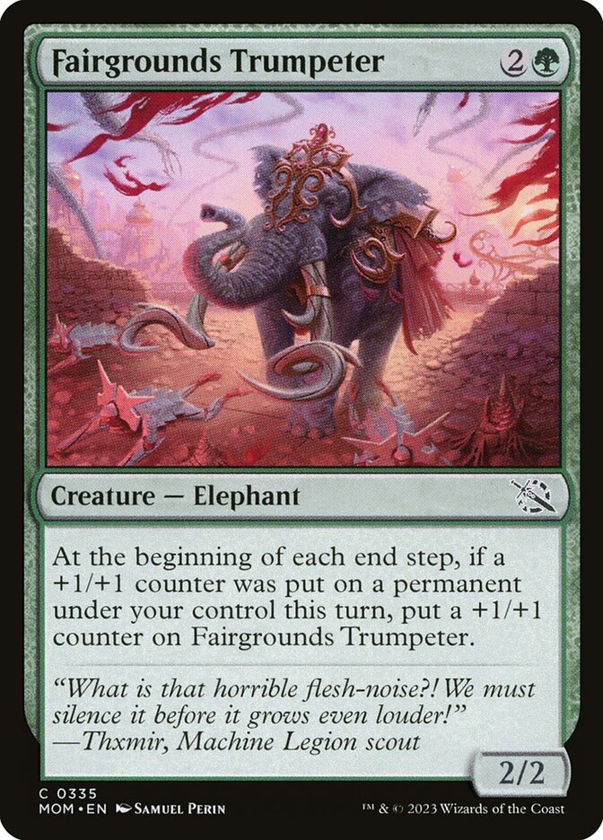 This Is An Image Of The Magic The Gathering Card Fairgrounds Trumpeter From The Set March of the Machine - Designed By Artist Samuel Perin