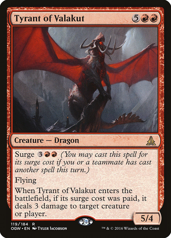 This Is An Image Of The Magic The Gathering Card Tyrant of Valakut From The Set Oath of the Gatewatch - Designed By Artist Tyler Jacobson