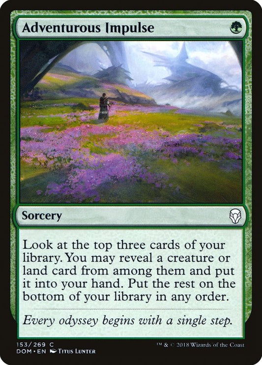 This Is An Image Of The Magic The Gathering Card Adventurous Impulse From The Set Ikoria: Lair of Behemoths - Designed By Artist Victor Adame Minguez