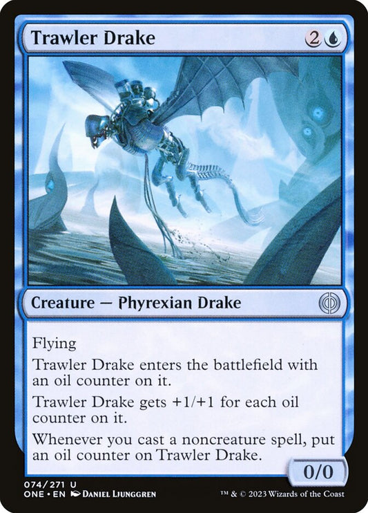 This Is An Image Of The Magic The Gathering Card Trawler Drake From The Set Phyrexia: All Will Be One - Designed By Artist Daniel Ljunggren