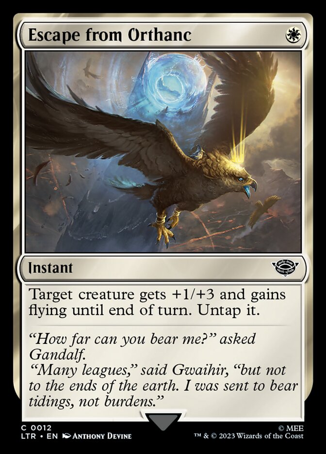 This Is An Image Of The Magic The Gathering Card Escape from Orthanc From The Set The Lord of the Rings: Tales of Middle-earth - Designed By Artist Anthony Devine
