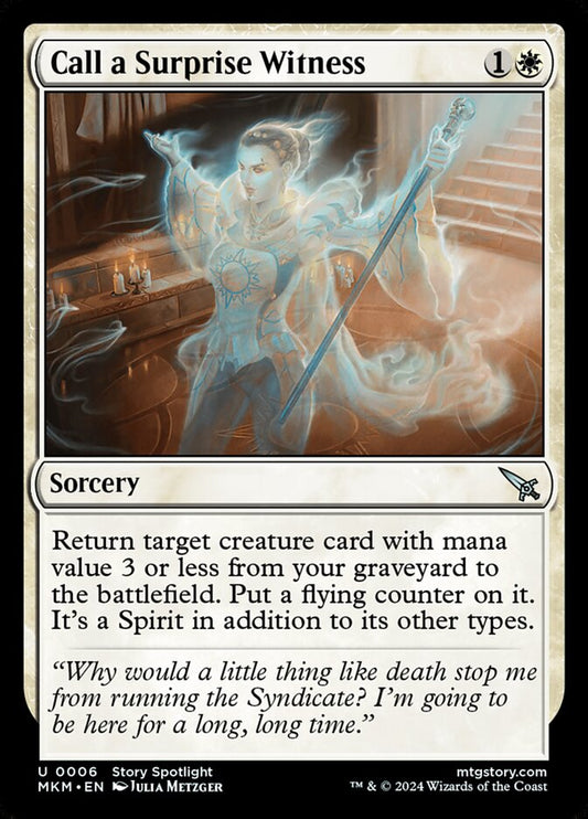 This Is An Image Of The Magic The Gathering Card Call a Surprise Witness From The Set Murders at Karlov Manor - Designed By Artist Julia Metzger